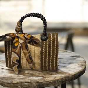Stylish Brown and Cream Handbag with Wooden Handle